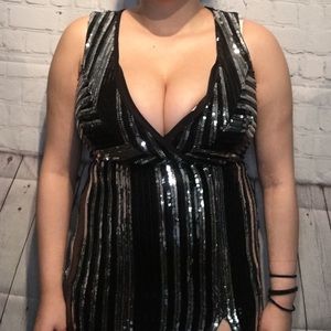 Black and silver striped sequin dress